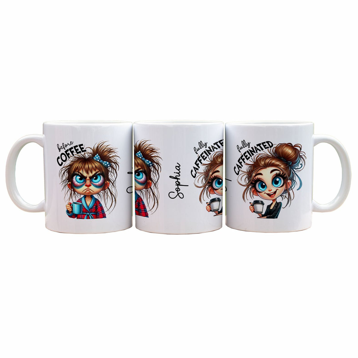 Personalisierte Kaffeetasse mit Wunschname - before Coffee -brünette Frau - FOTOFOL