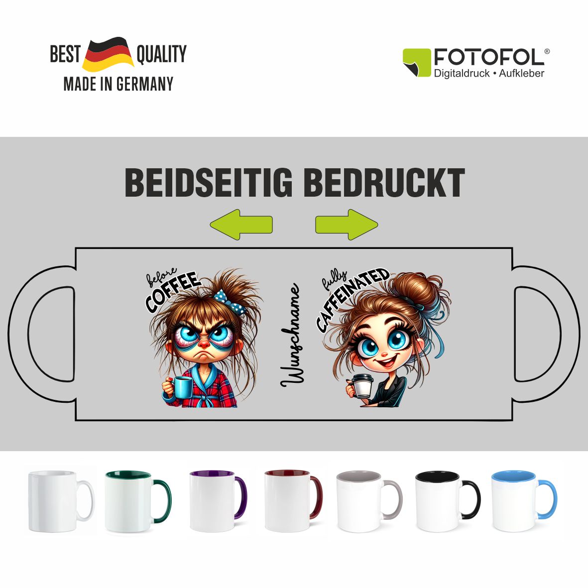 Personalisierte Kaffeetasse mit Wunschname - before Coffee -brünette Frau - FOTOFOL
