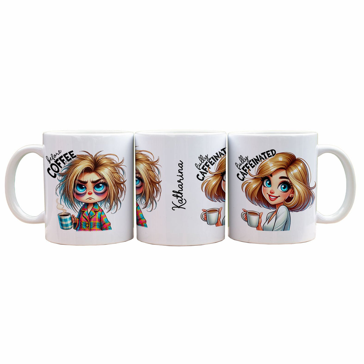 Personalisierte Kaffeetasse mit Wunschname - before Coffee -blonde Frau - FOTOFOL