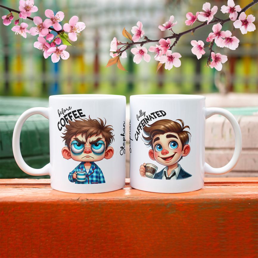 Personalisierte Kaffeetasse mit Wunschname - before Coffee -junger Mann - FOTOFOL