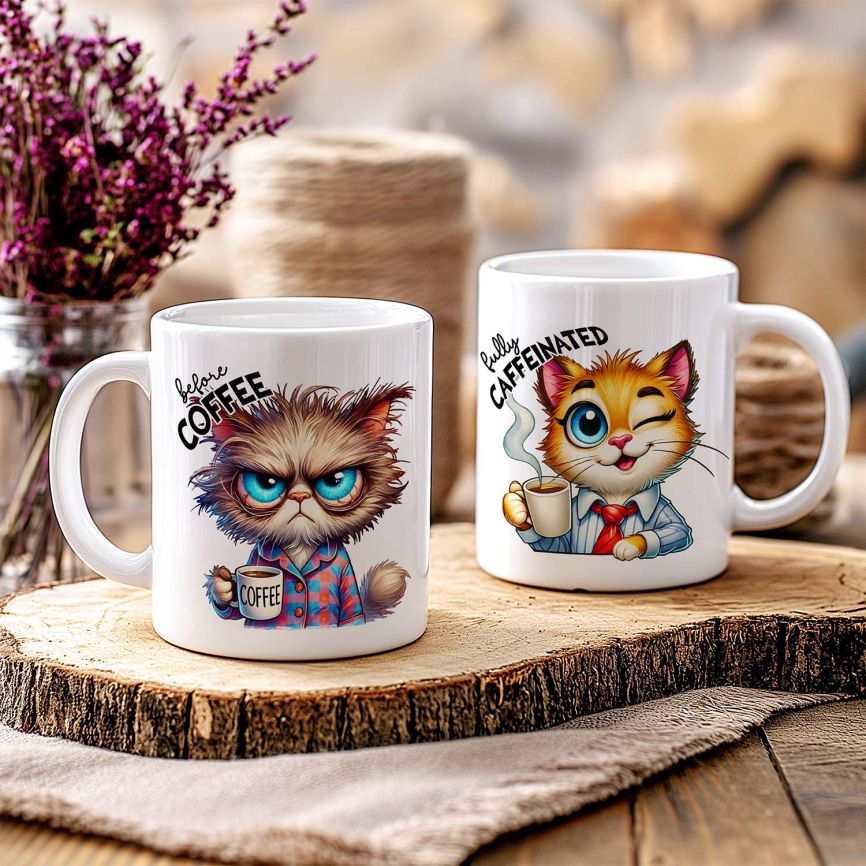 Personalisierte Kaffeetasse mit Wunschname - before Coffee -Katze - FOTOFOL