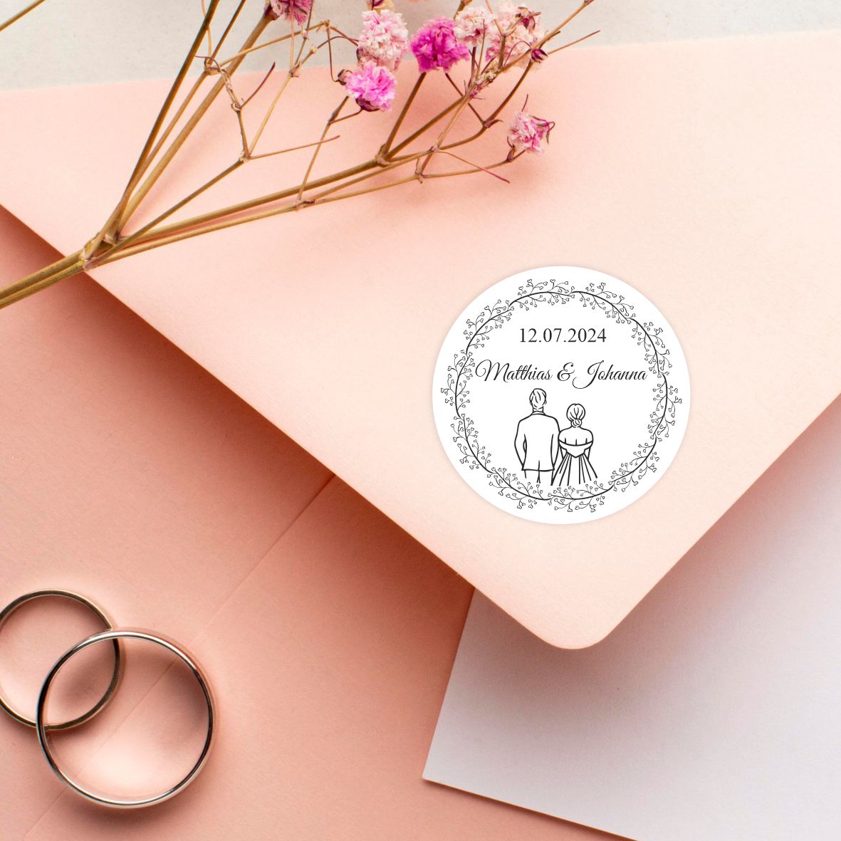 Hochzeit Aufkleber - 24 Stück Personalisierte Aufkleber mit Wunschnamen und Datum - Braut und Bräutigam - FOTOFOL