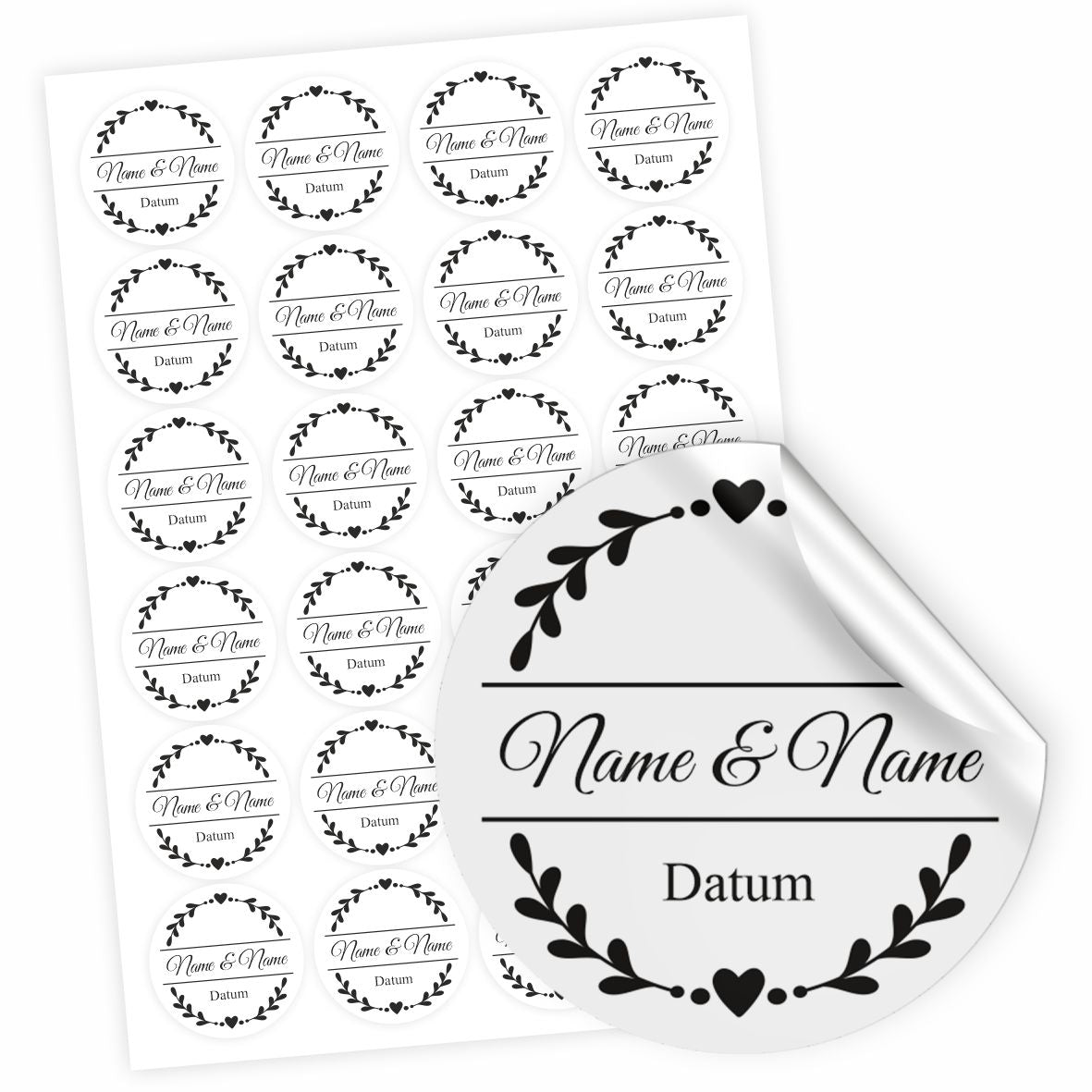 Hochzeit Aufkleber - 24 Stück Personalisierte Aufkleber mit Wunschnamen und Datum - Herz - FOTOFOL