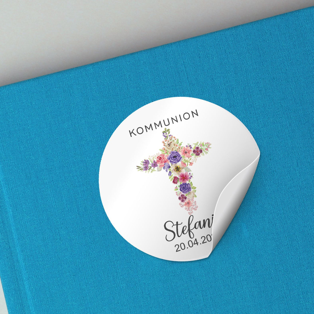Personalisierte Aufkleber Kommunion "Kreuz Blumen" mit Namen und Datum - 24 Stück - 4,5cm - FOTOFOL
