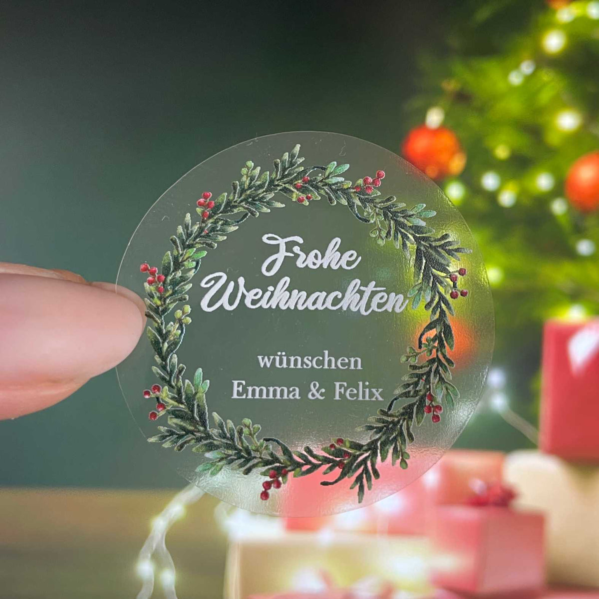 Weihnachten Aufkleber - 24 Stück Personalisierte transparente Aufkleber | Mistelzweig Kranz - FOTOFOL
