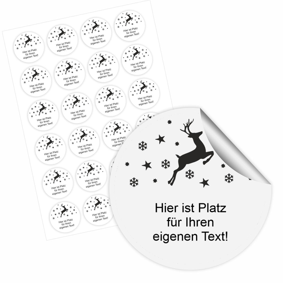 Bogen mit 24 runden Weihnachtsaufklebern mit Rentiermotiv und persönlichem Text