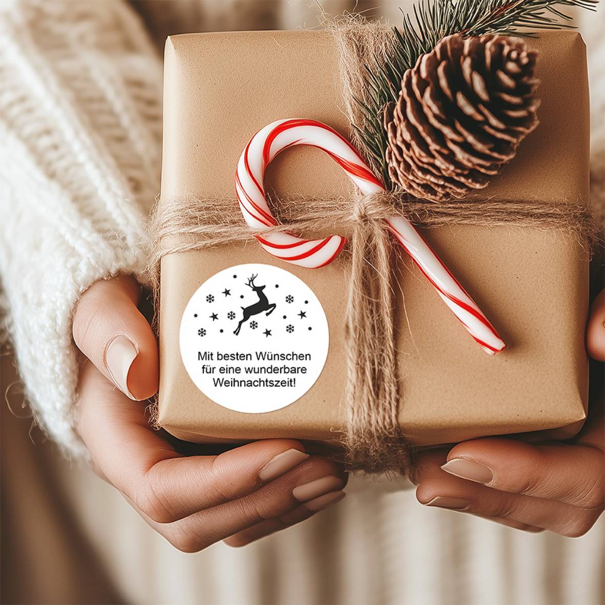 Weihnachtsaufkleber mit Rentiermotiv auf einem Geschenk mit Schleife und Zuckerstange