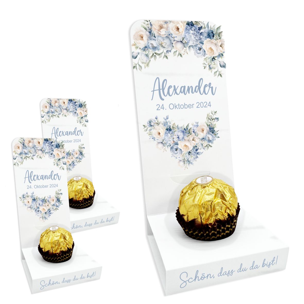 Aufsteller für Gastgeschenke personalisiert - blaue Blumen - FOTOFOL