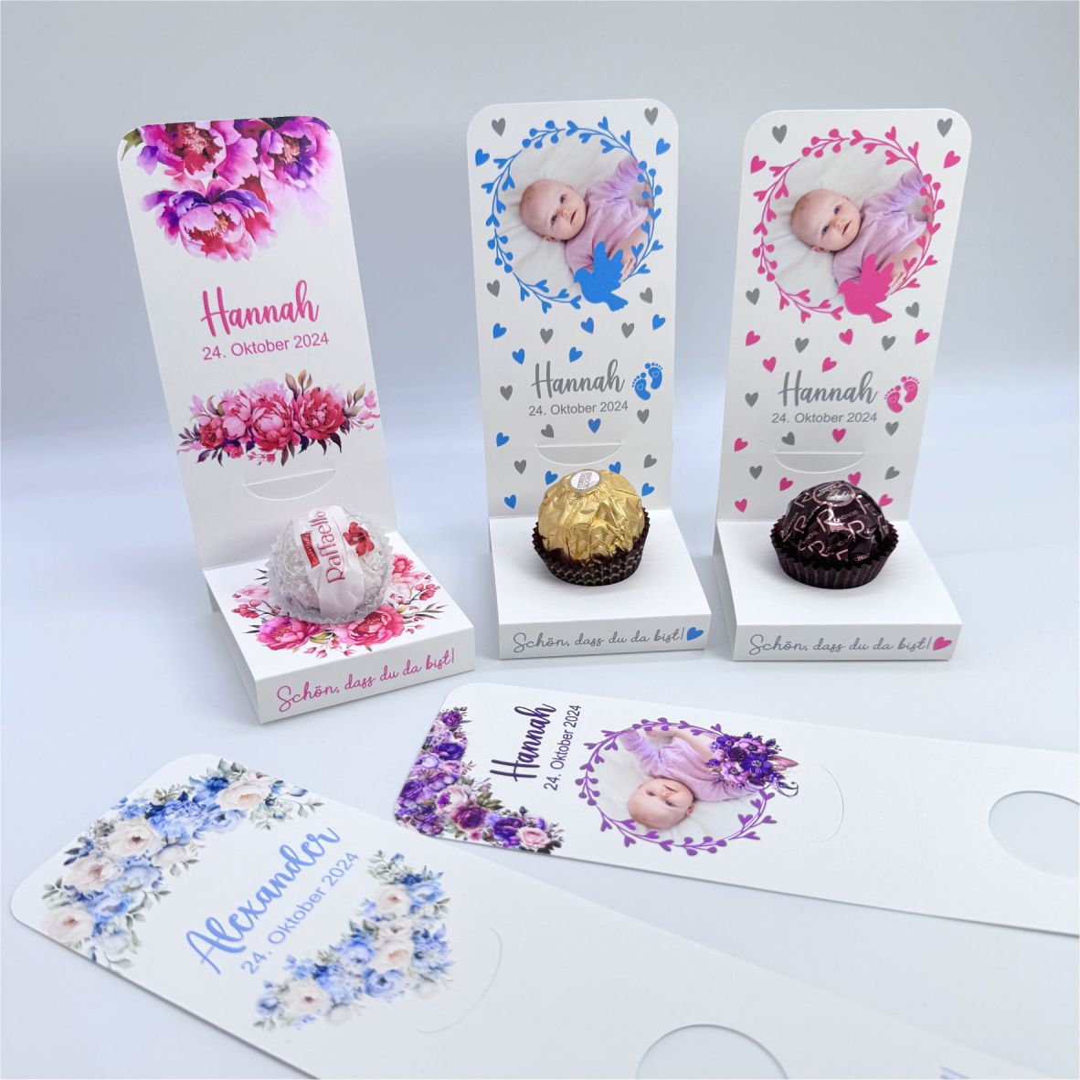 Aufsteller für Gastgeschenke personalisiert - lila Blumen - FOTOFOL
