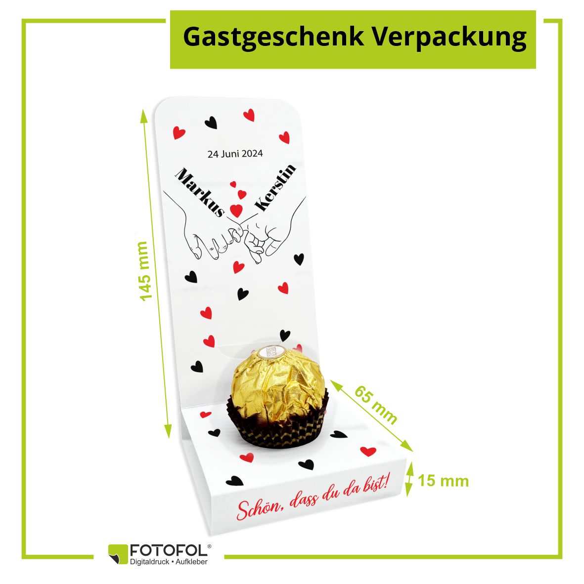 Aufsteller für Gastgeschenke personalisiert - rote Herzen - FOTOFOL