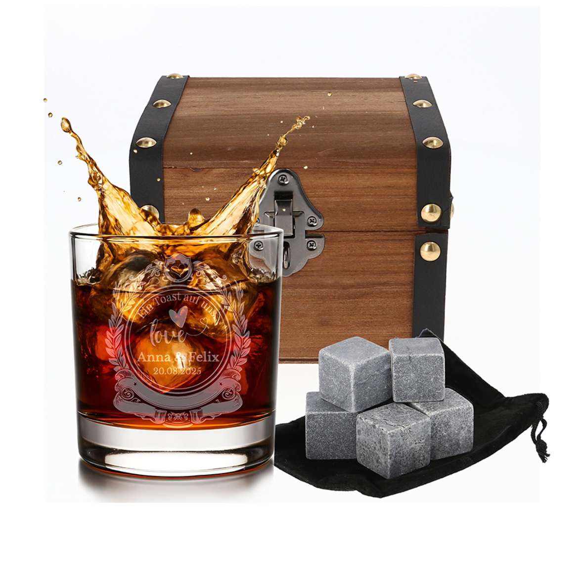 Personalisiertes Whiskey Glas "Ein Toast auf uns" - Wunschnamen und Datum - FOTOFOL
