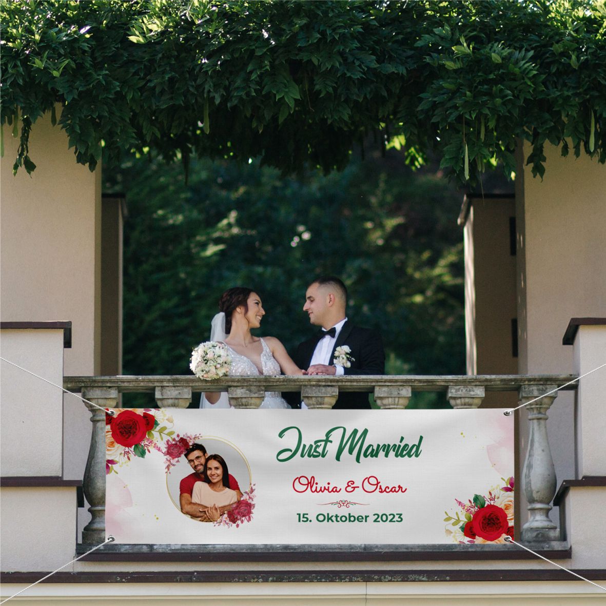 Personalisiertes Banner zur Hochzeit "Just Married" mit Foto, Namen und Datum - FOTOFOL