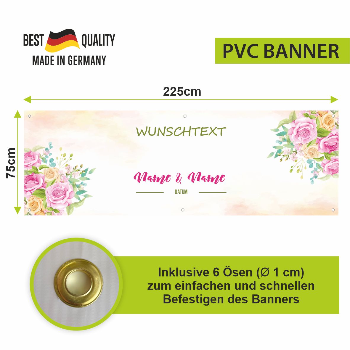 Hochzeit Banner "Pastell Rosen" - Personaliserung mit Namen, Datum und Wunschtext - FOTOFOL