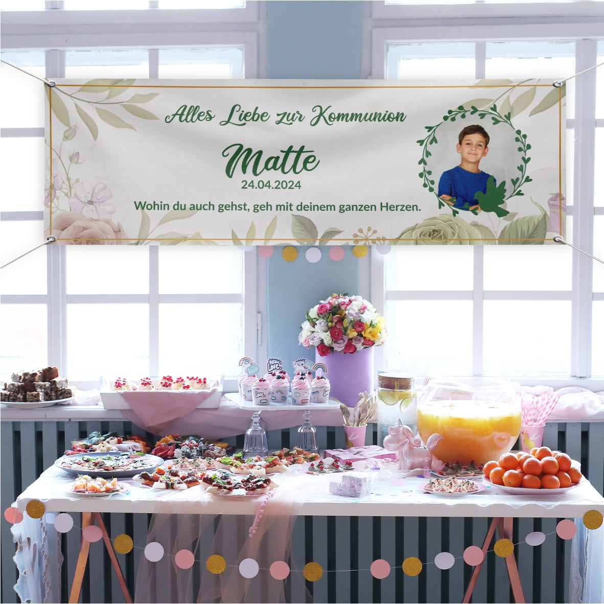 Taufe / Kommunion Banner personalisiert mit Foto und Wunschname - Grün - FOTOFOL