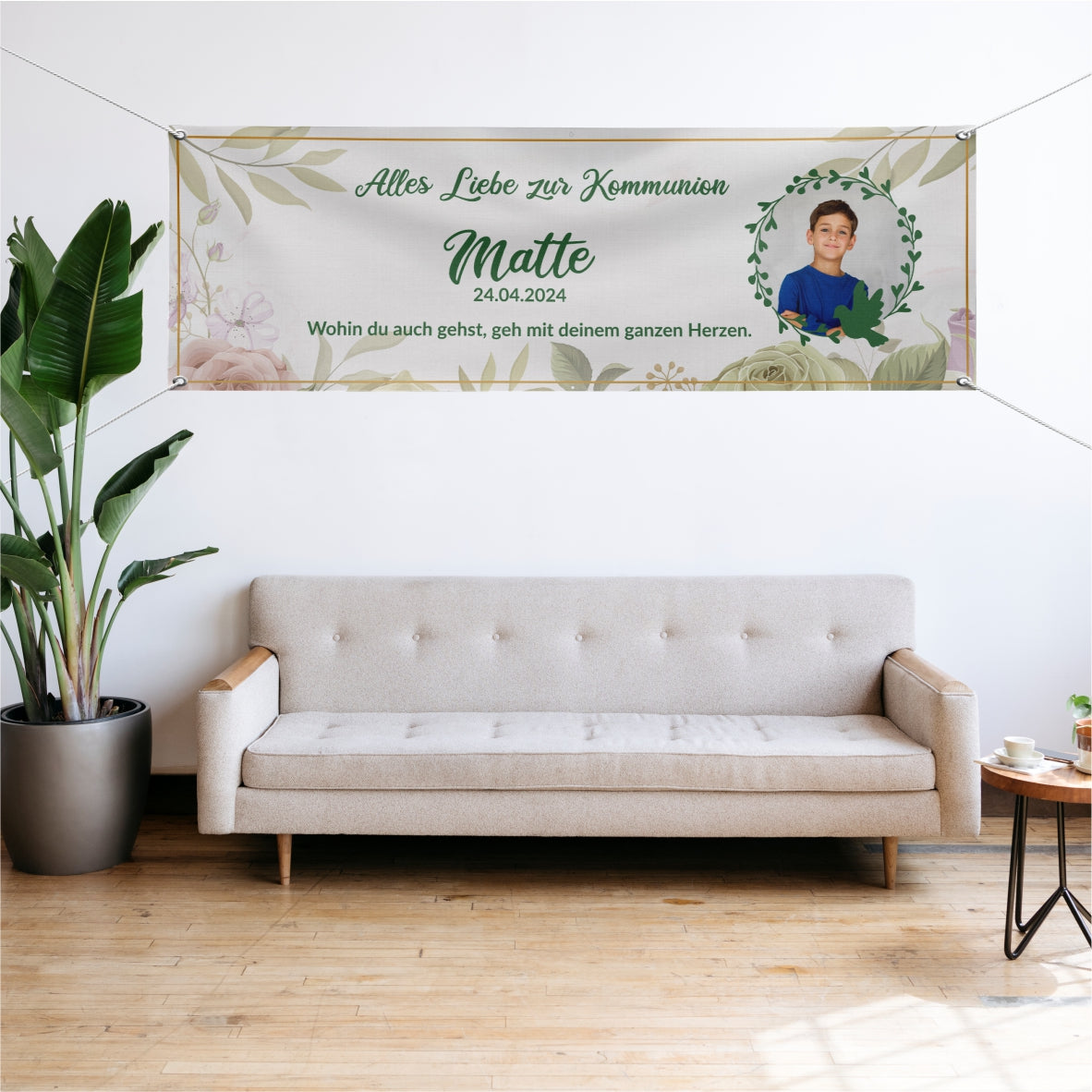 Taufe / Kommunion Banner personalisiert mit Foto und Wunschname - Grün - FOTOFOL