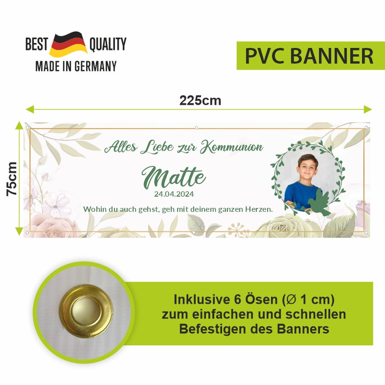 Taufe / Kommunion Banner personalisiert mit Foto und Wunschname - Grün - FOTOFOL