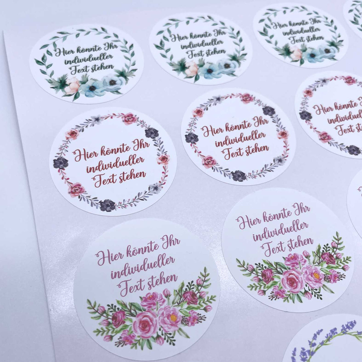 Personalisierte Aufkleber "Rosa Blau Blumenkranz"- 24 Stück - 4,5cm - FOTOFOL