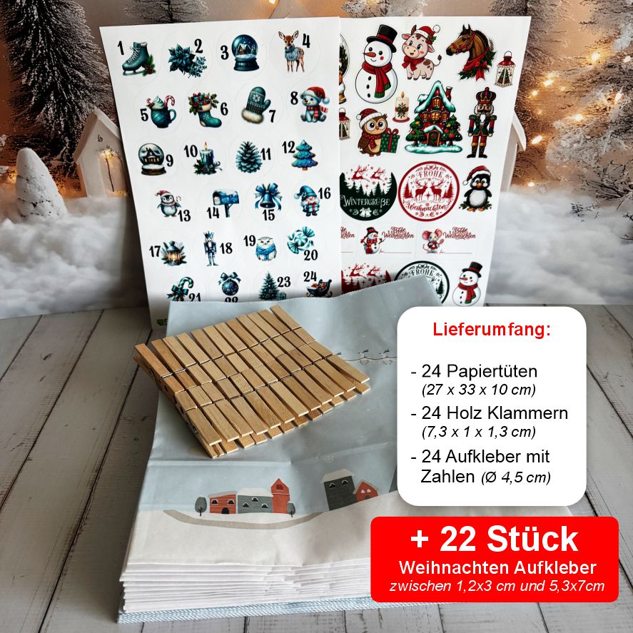 Adventskalender Set L – 24 Geschenktüten 27 x 33 x 10 cm mit Zahlen & Klammern - FOTOFOL