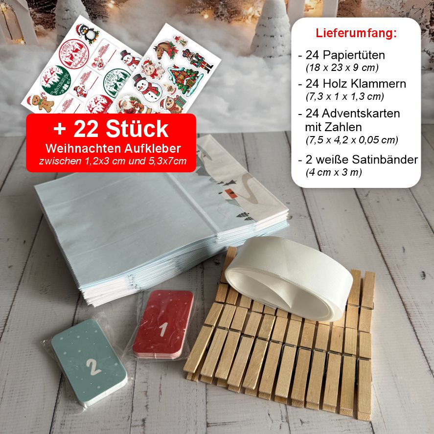 Adventskalender Set M – 24 Geschenktüten 18 x 23 x 9 cm mit Zahlen & Klammern - FOTOFOL