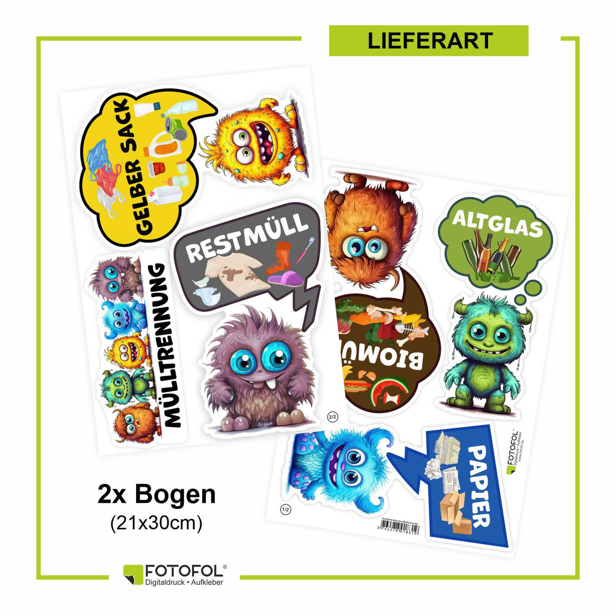 Lustige Aufkleber Monster Set Mülltrennung - Gelber Sack, Altglas, Altpapier, Restmüll, Biomüll- für Innen - FOTOFOL