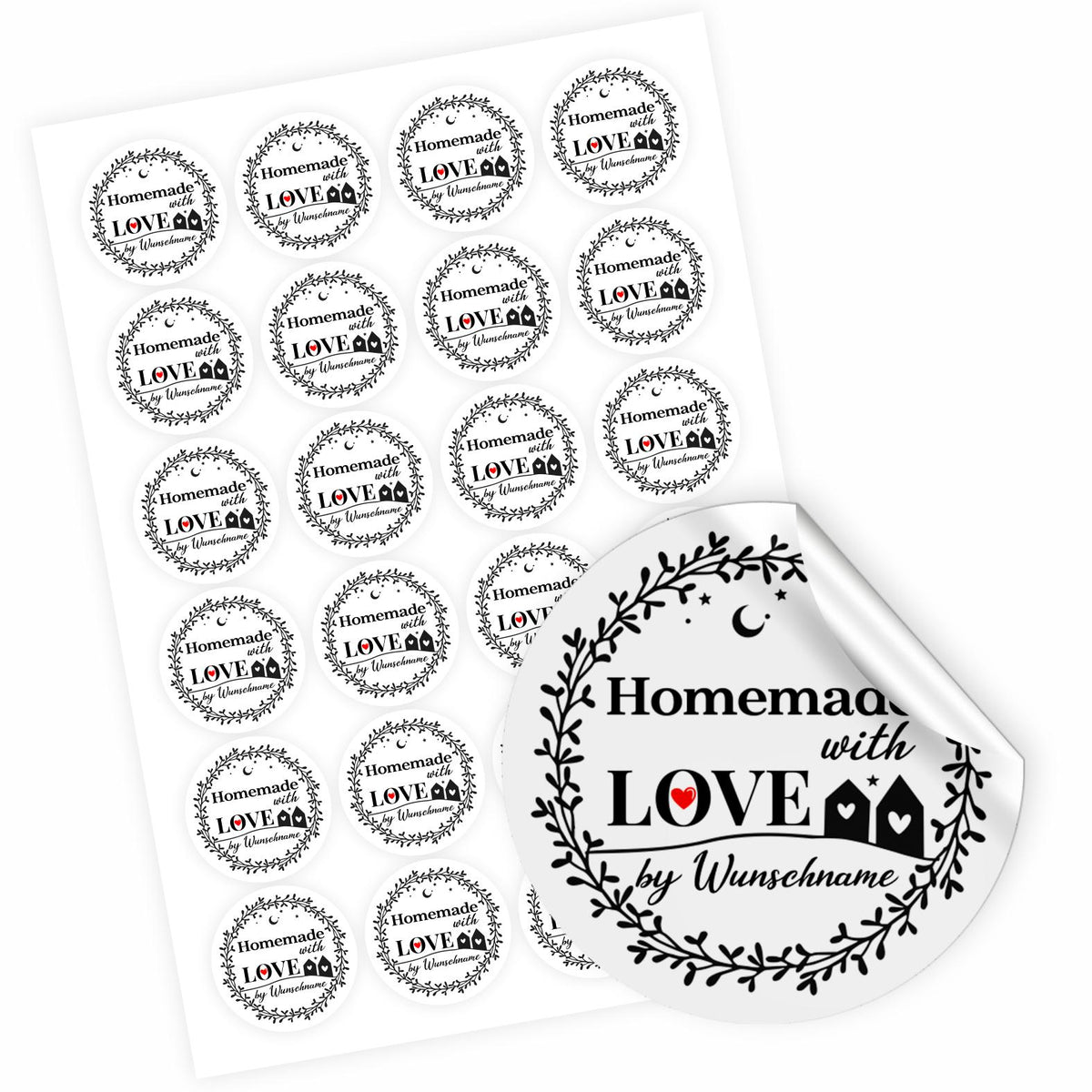 Homemade with Love by Wunschname Aufkleber - 4,5 cm Runde Personalisierte Verkäuferetiketten - FOTOFOL