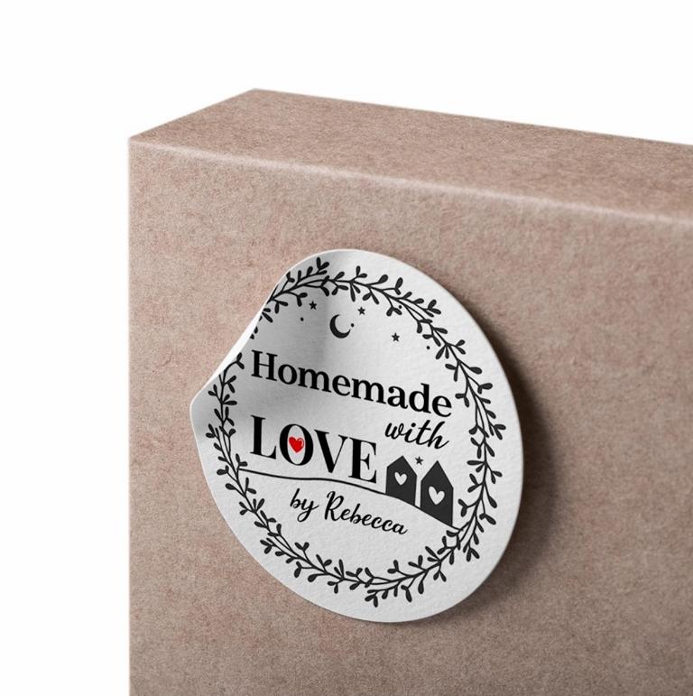 Homemade with Love by Wunschname Aufkleber - 4,5 cm Runde Personalisierte Verkäuferetiketten - FOTOFOL