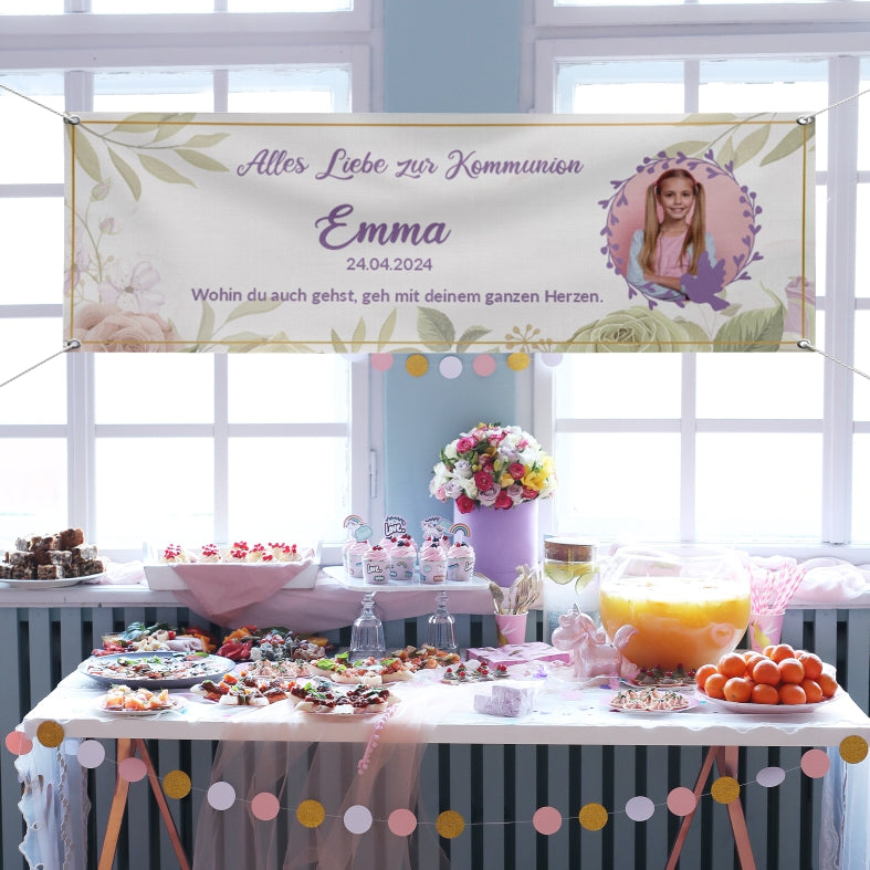 Taufe / Kommunion Banner personalisiert mit Foto und Wunschname - Lila - FOTOFOL
