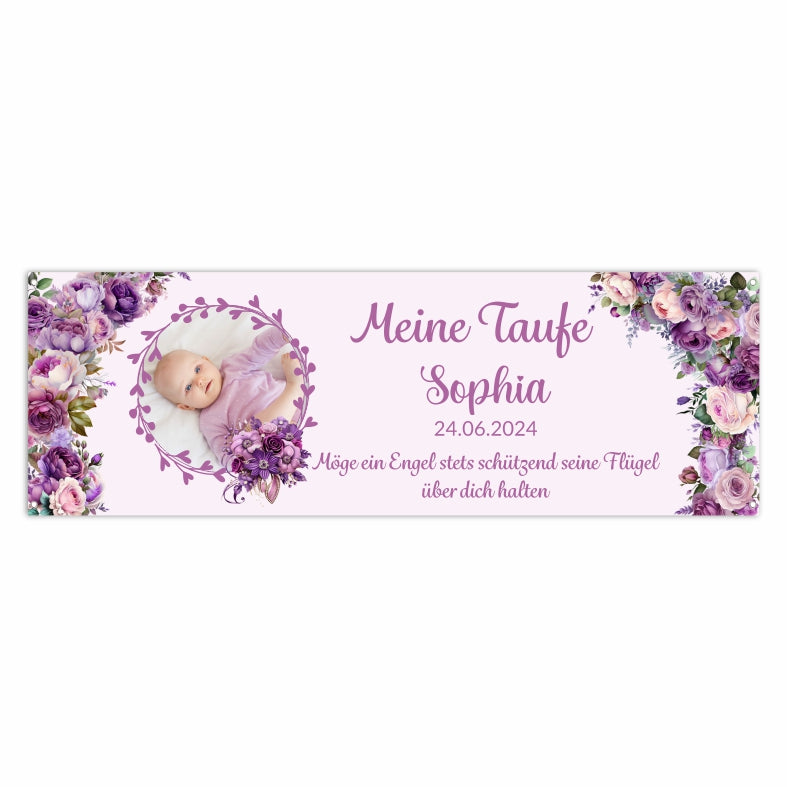 Taufe / Kommunion Banner personalisiert mit Foto und Wunschname - Lila Blumen - FOTOFOL