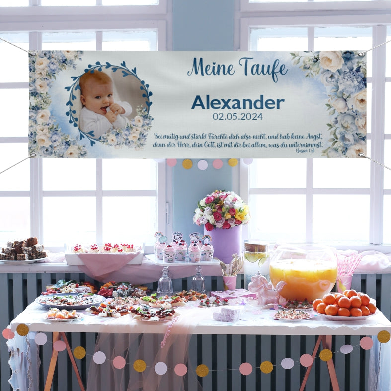 Taufe / Kommunion Banner personalisiert mit Foto und Wunschname - Blaue Blumen - FOTOFOL