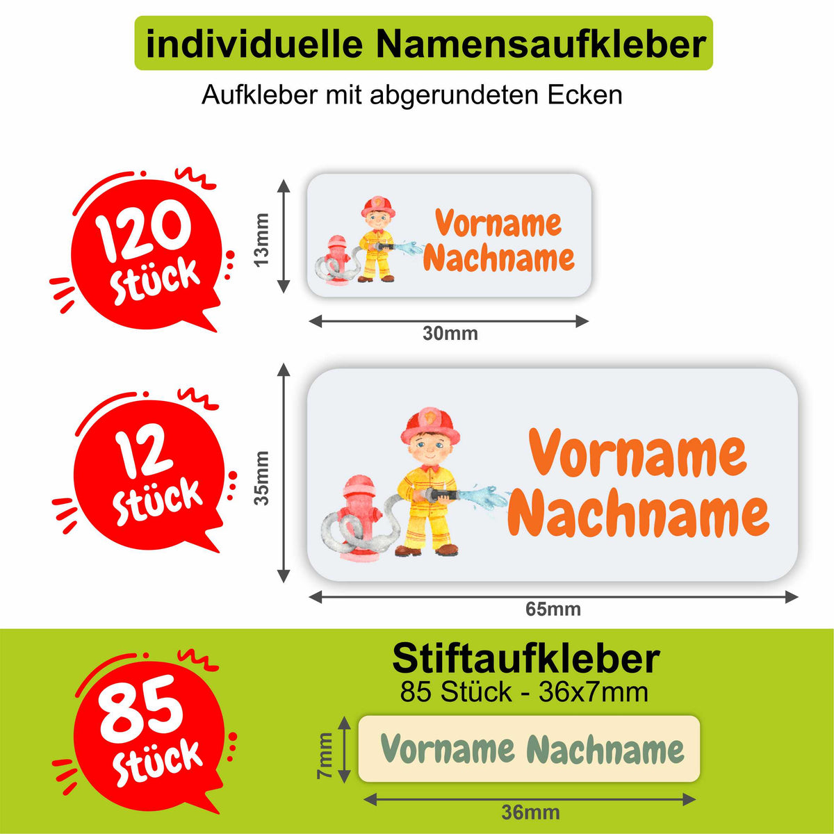 Namensaufkleber Set - personalisiert mit Wunschname für Stifte und alle Schulsachen - Feuerwehr - FOTOFOL