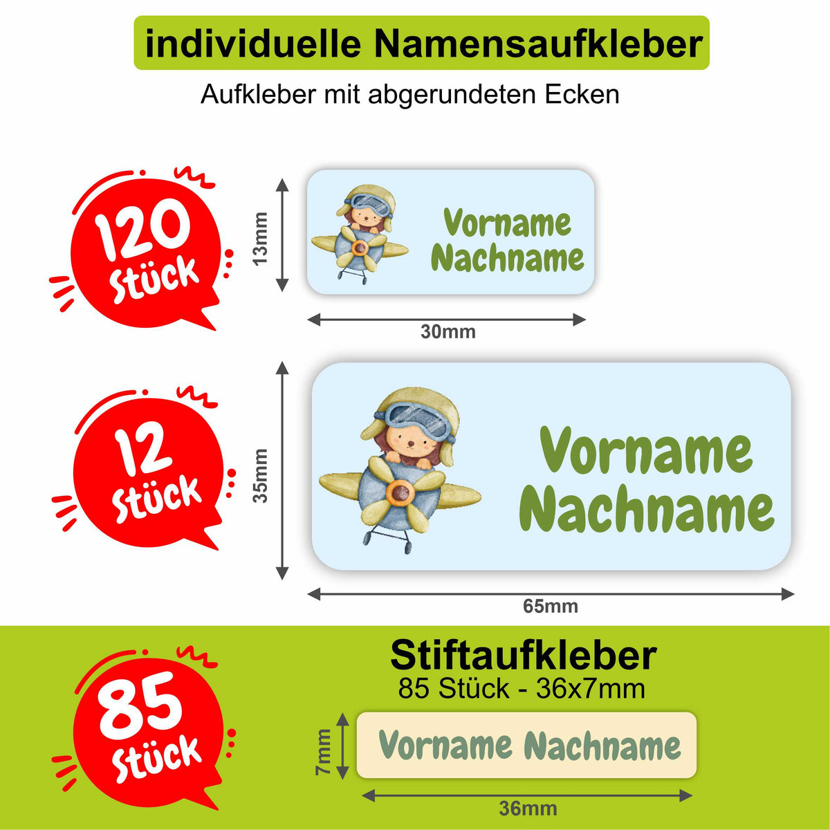 Namensaufkleber Set - personalisiert mit Wunschname für Stifte und alle Schulsachen - Flugzeuge - FOTOFOL