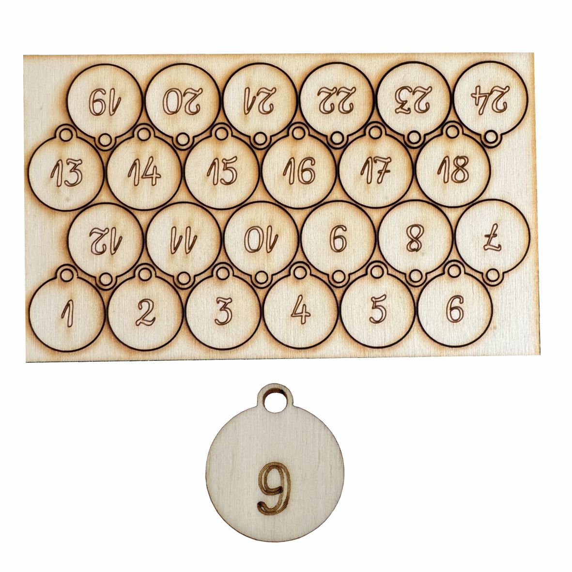 24 Adventskalender Zahlen aus natürlichem Birkensperrholz - Weihnachtskalender Anhänger Nummern zum Basteln - FOTOFOL