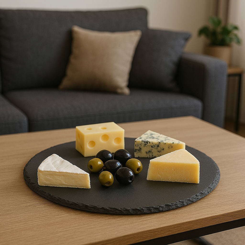 Runde Schieferplatten im Set – 30/40 cm – Natur-Servierplatten für Käse, Sushi & BBQ – gravierbar - FOTOFOL