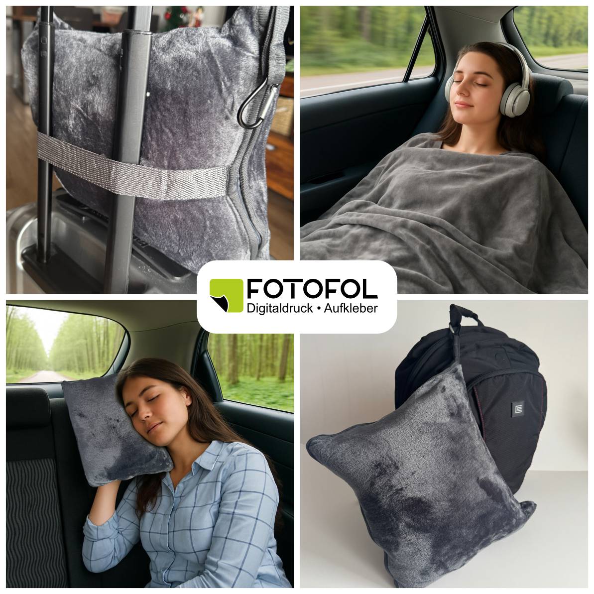 FOTOFOL - 2-in-1 Reisekissen und Reisedecke, personalisierbar mit Namen – Weiche & Warme Decke für Flugzeug und Auto, inkl. Gepäckhülle und Rucksackclip