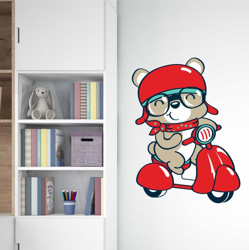 Wandtattoo Teenager-Zimmer Deko Bär mit Roller fahren - FOTOFOL