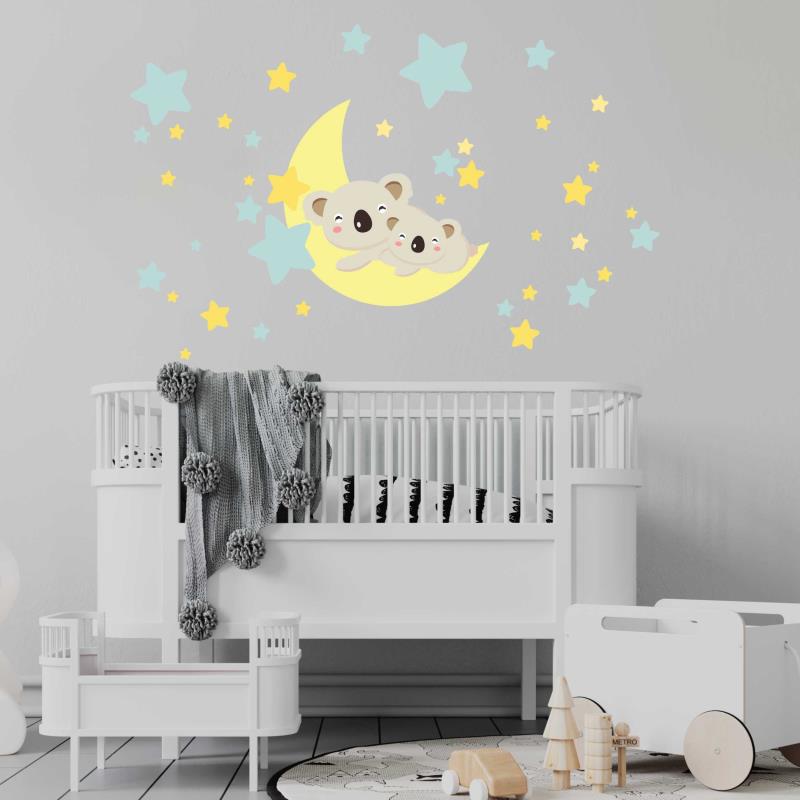 Wandtattoo Kinderzimmer Mond mit Koala und Sternen - FOTOFOL