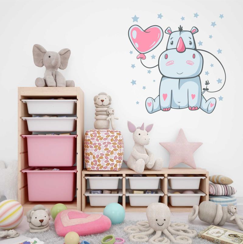 Wandtattoo Kinderzimmer Nashorn mit Ballon Herz Sterne - FOTOFOL