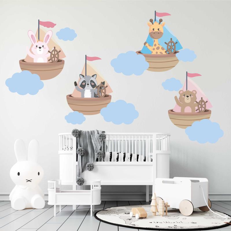 Wandtattoo Kinderzimmer Schiffe mit Tiere Hase Giraffe Bär Waschbär Wolken - FOTOFOL