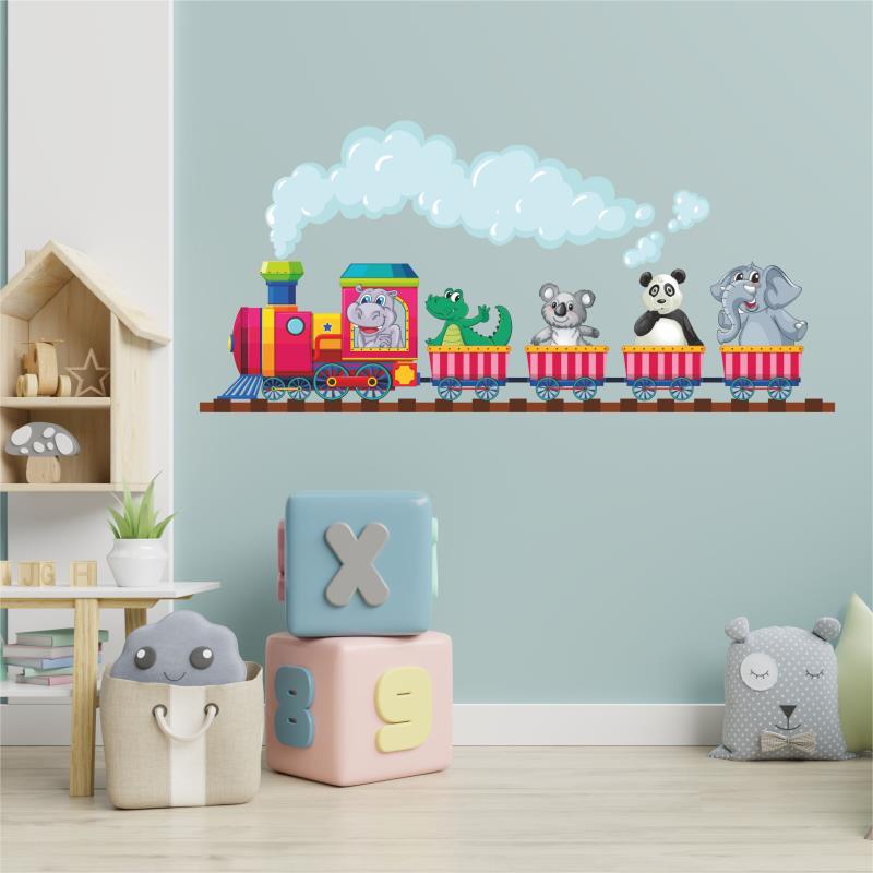 Wandtatoo Kinderzimmer Deko Zug mit Nilpferd Krokodil Koalabär Panda Elefant - FOTOFOL