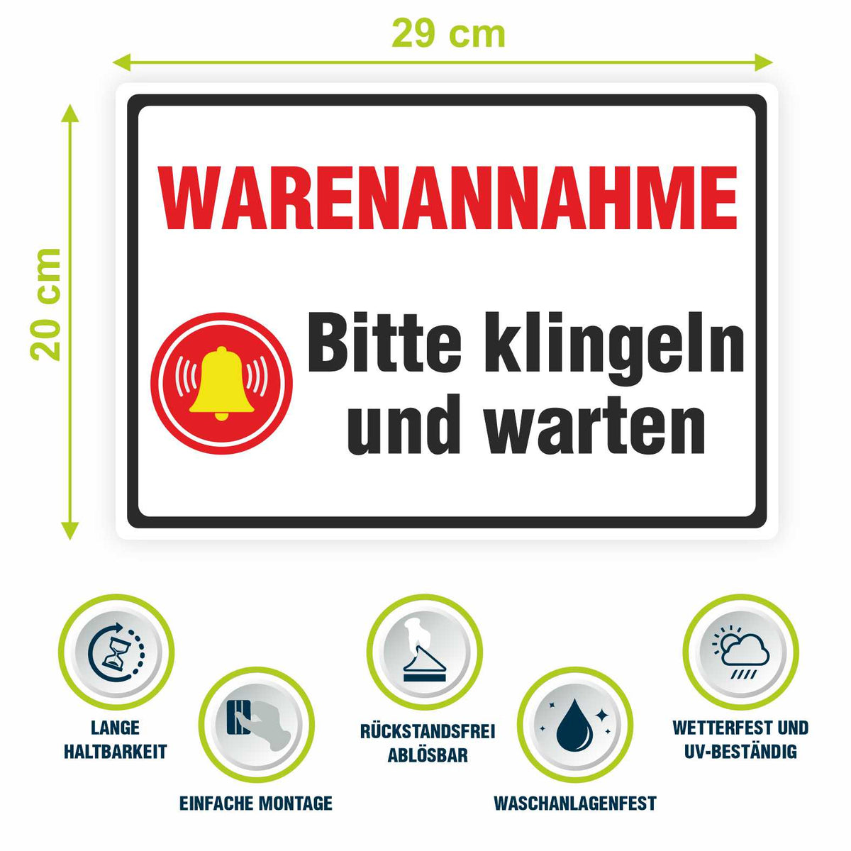 Aufkleber 29x20cm "Warenannahme - Bitte klingeln und warten" - Hinweisaufkleber für den Innen- und Außenbereich - Folie selbstklebend - FOTOFOL