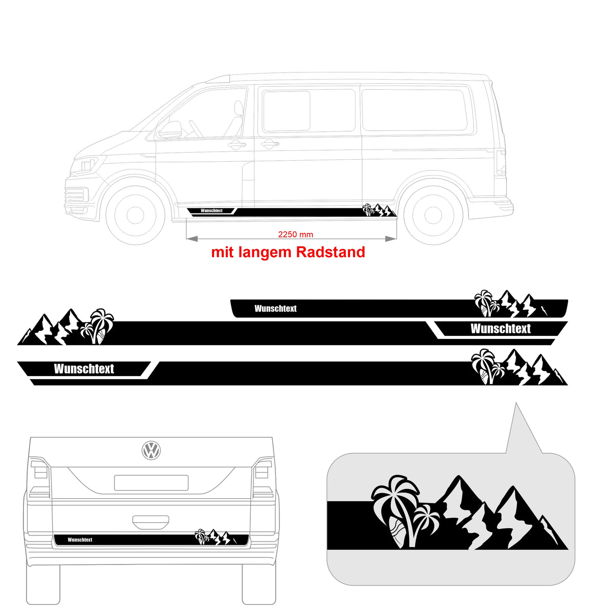 Seitenstreifen Aufkleber Berge-Palme-Surfbrett passend für VW T6.1, T6, T5, Multivan, Bulli, Transporter - mit WUNSCHTEXT - FOTOFOL