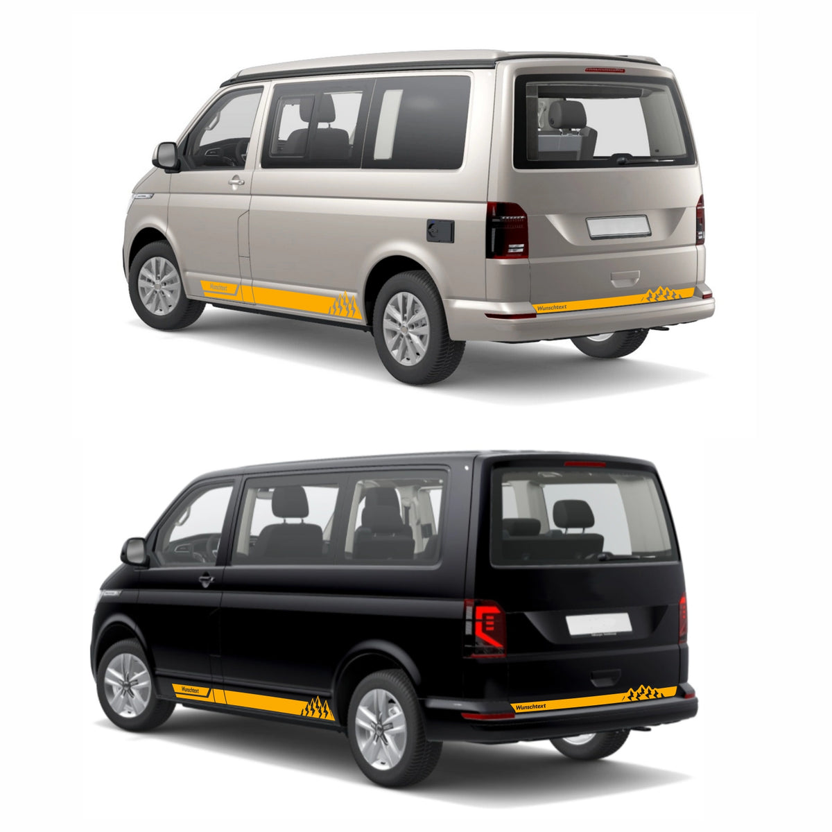 Seitenstreifen Aufkleber mit "Berge" Motiv passend für VW T6.1, T6, T5, Multivan, Bulli, Transporter - WUNSCHTEXT - FOTOFOL