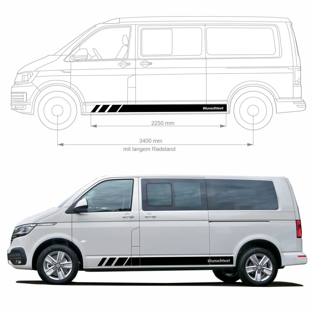 Seitenstreifen passend für VW T6.1, T6, T5, Multivan, Bulli, Wunschtext, Seitenaufkleber + Rakel - FOTOFOL