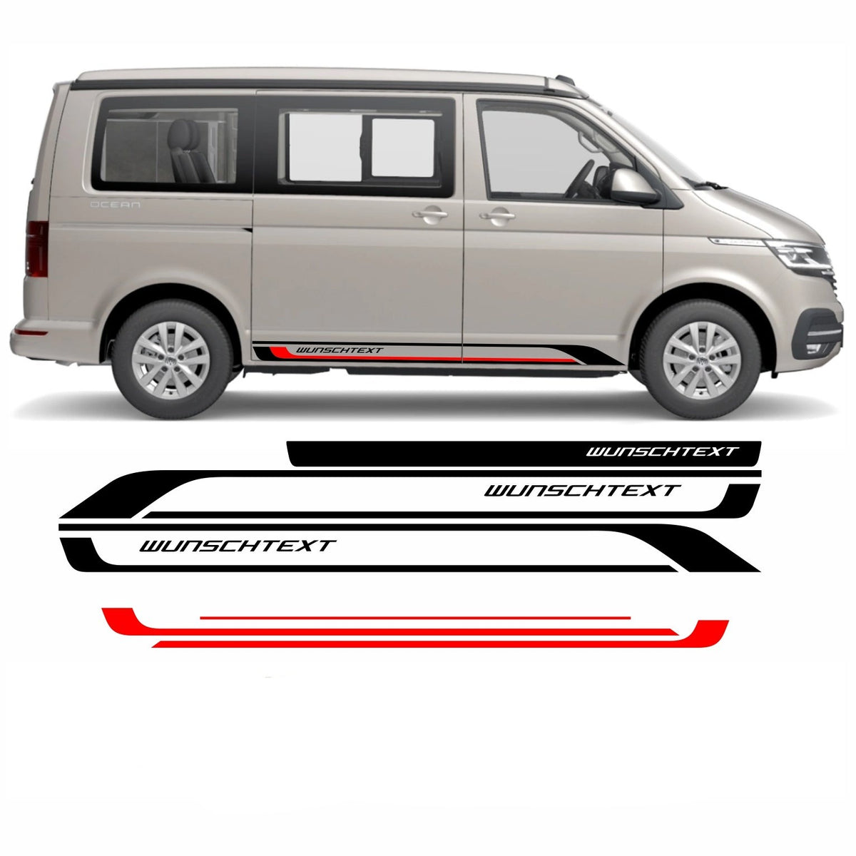 Seitenstreifen Aufkleber passend für VW T6 T5 T6.1 Edition (Schwarz/Rot) mit Wunschtext - FOTOFOL