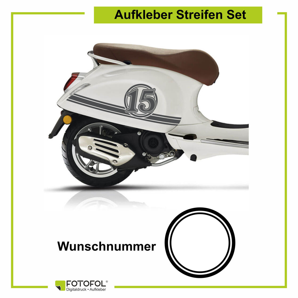 Aufkleber Streifen Set Wunschnummer passend für Motorroller "Vespa Primavera" - Wunschzahl Dekor Aufkleber Scooter - FOTOFOL