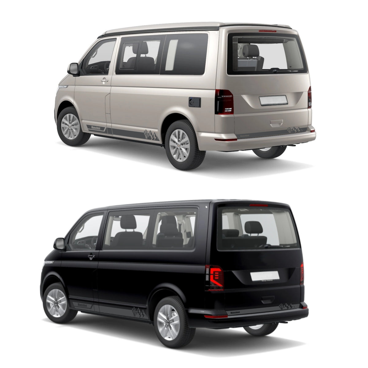 Seitenstreifen Aufkleber Berge-Palme-Surfbrett passend für VW T6.1, T6, T5, Multivan, Bulli, Transporter - mit WUNSCHTEXT - FOTOFOL