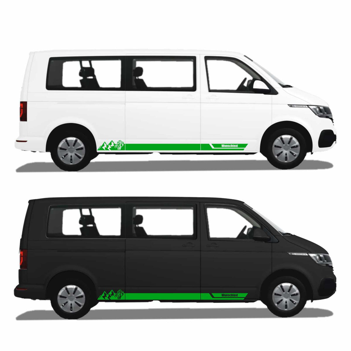 Seitenstreifen Aufkleber Berge-Palme-Surfbrett passend für VW T6.1, T6, T5, Multivan, Bulli, Transporter - mit WUNSCHTEXT - FOTOFOL