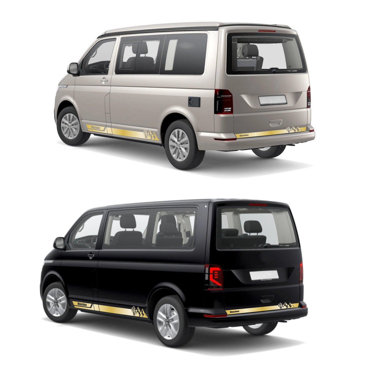 Seitenstreifen Aufkleber Berge-Palme-Surfbrett passend für VW T6.1, T6, T5, Multivan, Bulli, Transporter - mit WUNSCHTEXT - FOTOFOL
