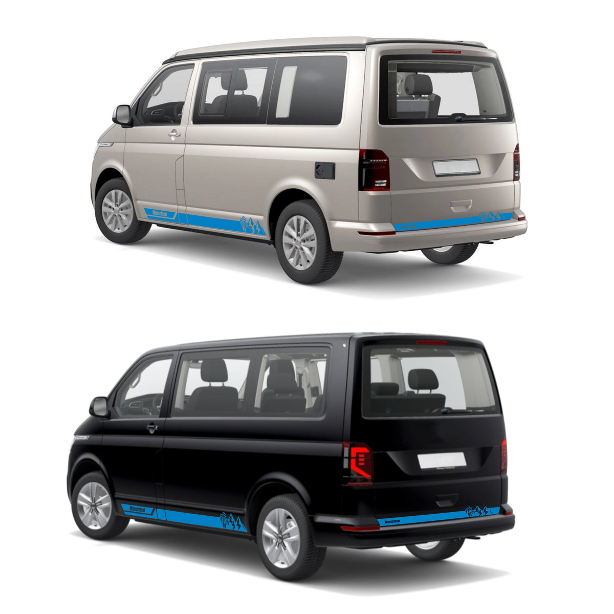 Seitenstreifen Aufkleber Berge-Palme-Surfbrett passend für VW T6.1, T6, T5, Multivan, Bulli, Transporter - mit WUNSCHTEXT - FOTOFOL