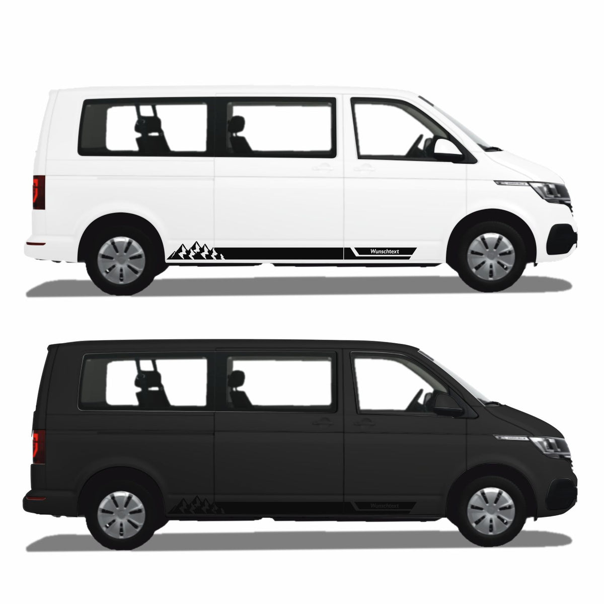 Seitenstreifen Aufkleber mit "Berge" Motiv passend für VW T6.1, T6, T5, Multivan, Bulli, Transporter - WUNSCHTEXT - FOTOFOL